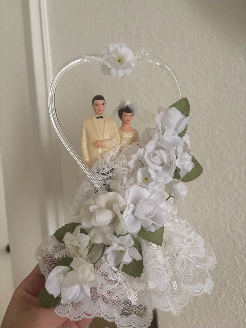 Wedding Cake Topper Figurine with White Flowers and Lace